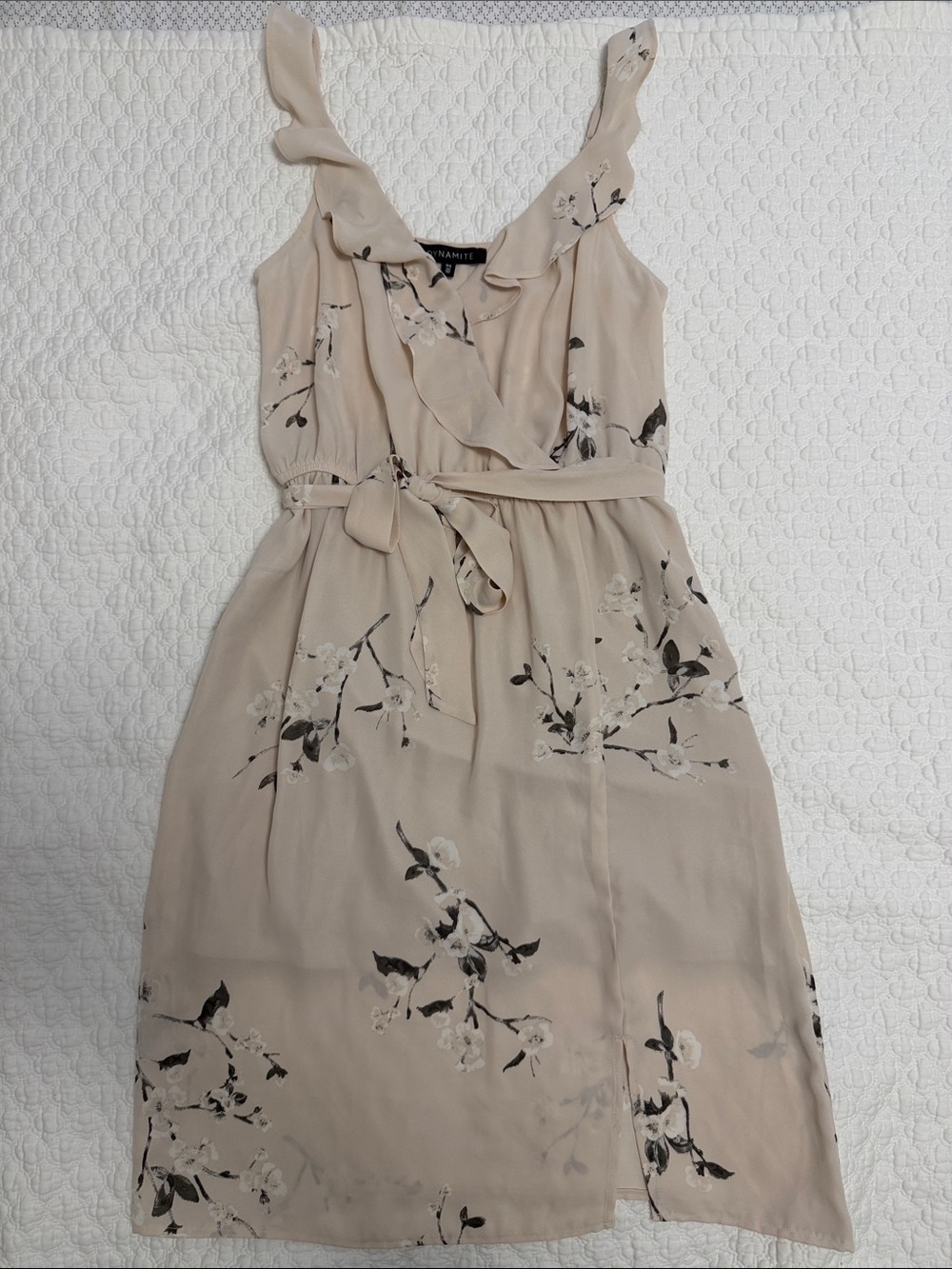 Dynamite Beige Floral Ruffle Tie-Waist Midi Dress
